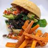 Black Bean Burger with Salsa and Carrot Chips