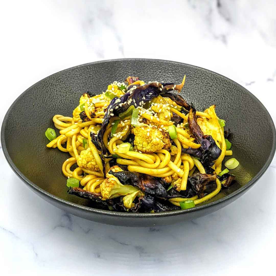 Vegan Udon Noodle with Roasted Cabbage and Cauliflower